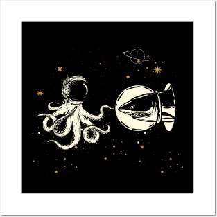 Shark and octopus encounter in space Posters and Art